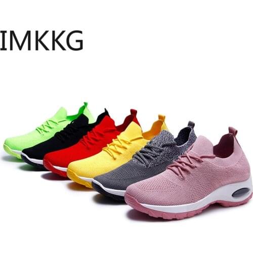 Fashion Women Vulcanized Casual Shoes Mesh black Sneakers Lace Up Stretch Woman Shoes Outdoor Shoes red/yellow platform