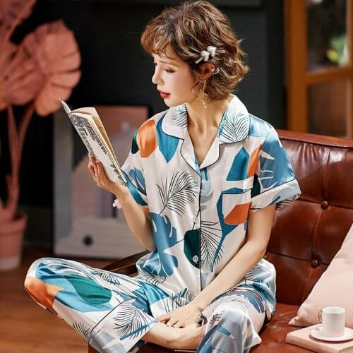 Summer Women Pajamas Sets with Pants Sexy Silk Ladies Satin Nightwear 3XL Pijama Short Sleeve Sleepwear Pyjama Femme