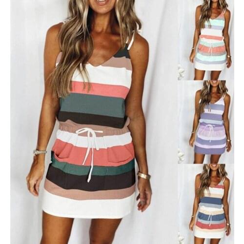 Mini Sexy Dress 2021 Fashion Stripe Drawstring Dress Summer Loose Sleeveless Dress Womens Comfortable Casual Outfits