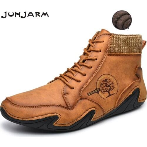 JUNJARM 2021 New Leather Men Boots Winter Warm Men Winter Shoes Comfortable Men Snow Boots Men Ankle Boots Plus Size 38-48