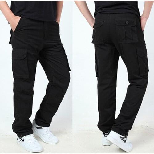 Men outdoor riding climbing warm fleece thick loose cargo long trousers winter thermal windproof pocket straight overalls pants