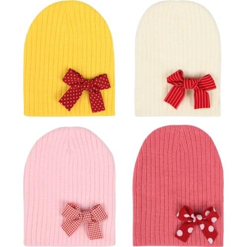 Autumn Winter Children Crochet Bowknot Beanie Hat For Girls Toddler Kids Caps Bonnet