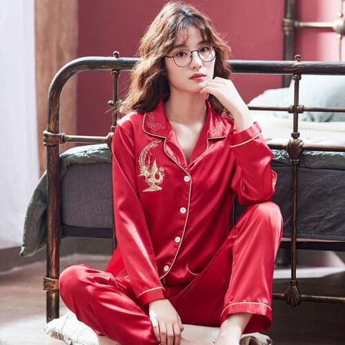 Women Satin Silk Pajamas Female Spring And Autumn Sexy Long-Sleeved 2Pcs Home Service Korean Cute Strawberry Student Nightwear