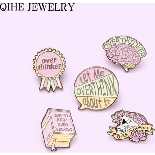 Over Thinker Enamel Pin Brain Skull Book Brooches Backpacks Lapel Pin Cartoon Metal Badge Jewelry Gift for Friends Wholesale