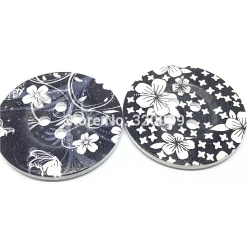 10pcs 50mm Large Wood Buttons Round Black White Florals Flowers Sewing Button Embellishments DIY Crafts