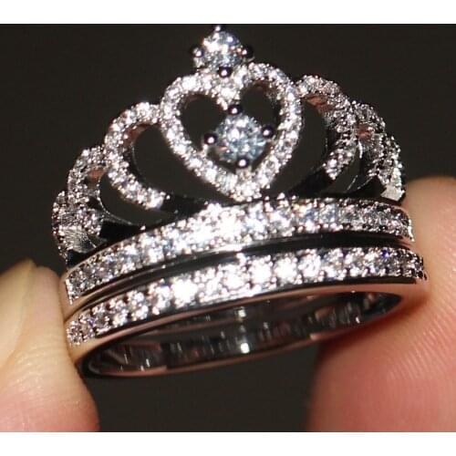 Size 5-11 Antique jewelry Custom Ring Factory 925 Sterling Silver White AAA CZ stones Gem Wedding Crown Ring Set For Women Gift