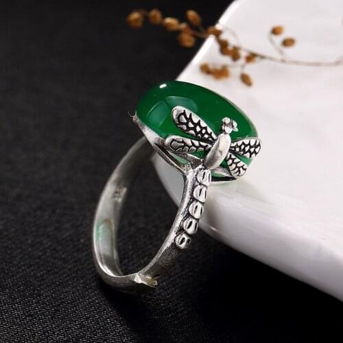 Silver S990 Silver Dragon Dragonfly carving engraved jade pomegranate red corundum opening lady high-end ring wholesale