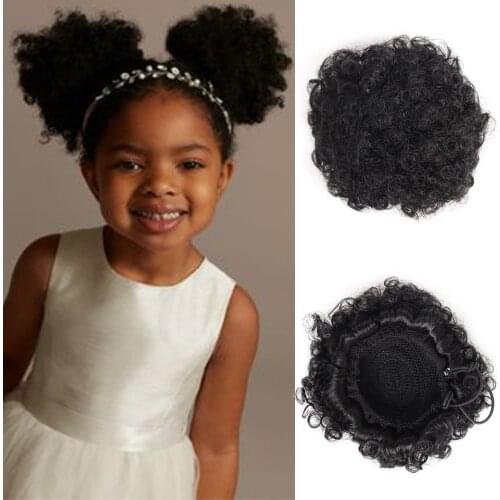 BUQI Synthetic Puff Afro Short Kinky Curly Chignon Hair Bun Drawstring Ponytail Wrap Hairpiece For Children Black