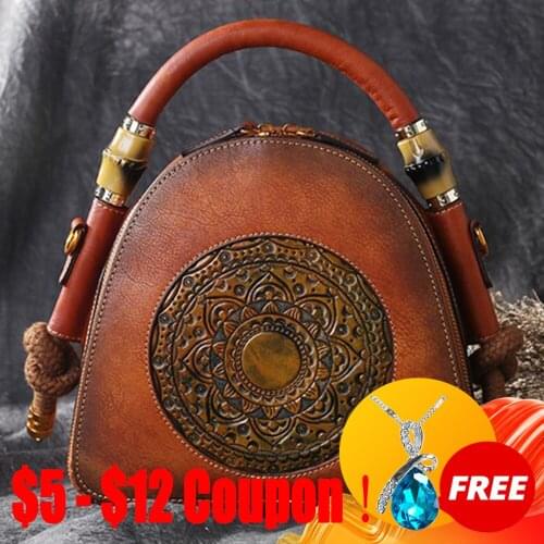 CGA 2021 New Vintage Genuine Leather Floral Embossed Open Pocket Bags For Women Shoulder&Handbags Leisure Cowhide Messenger Bag