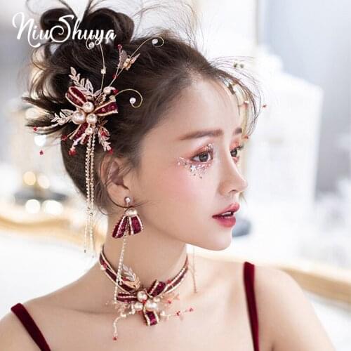NiuShuya Bridal Headdress Korean Style Red Handmade Wedding Dress Clothing Hair Accessories