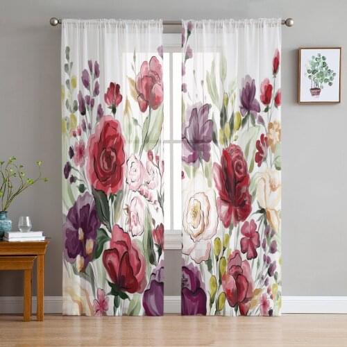 Color Flower Leaf Plant Watercolor Tulle Sheer Window Curtains for Living Room Kitchen Children Bedroom Voile Hanging Curtain