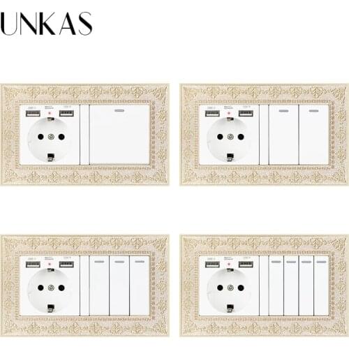 UNKAS 4D Zinc Alloy Metal Panel EU Socket Dual USB Port + 1 2 3 4 Gang 1 / 2 Way On / Off Light Switch Embossing Retro Frame