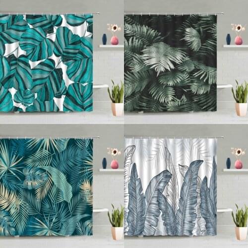 Green Leaves Plants Shower Curtains Background Wall Decoration Bathroom Bath Curtain Washable Hanging With Hook Set Home Screen