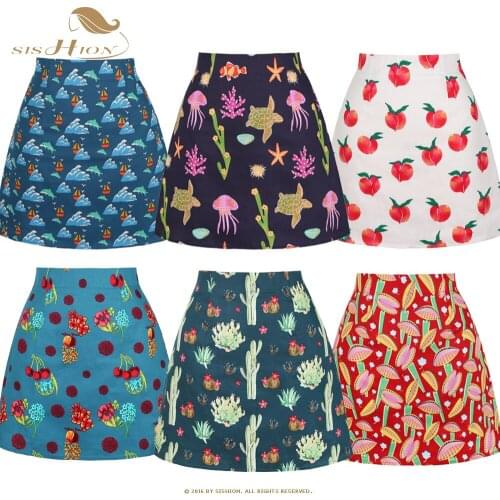 SISHION 50s 60s Vintage Mini Skirt Women SS008 Summer Green Cherry Flower Print Ladies High Waist Skirts Jupe Femme