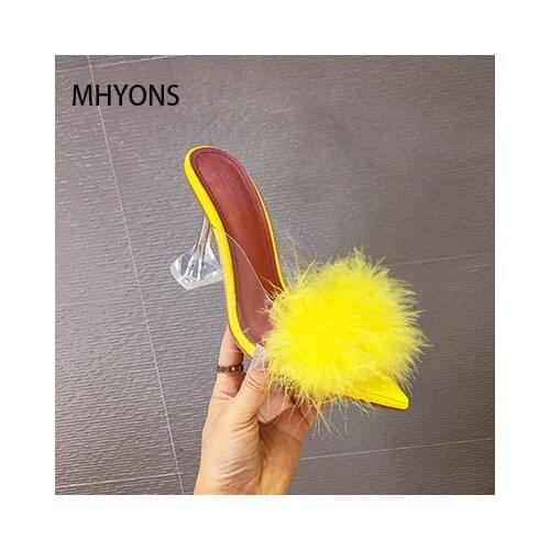 2021 New High Quality Fluffy Slippers Slides Women Shallow Peep Toe Slip on Sandals Fashion Wine Glass Heel Shoes Size 35-41