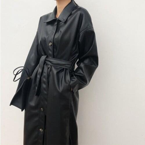 2021 New Spring Autumn PU Leather Long Jacket Women Slim Belt Faux Leather Windbreaker Trench Coat Vintage Elegant Overcoat