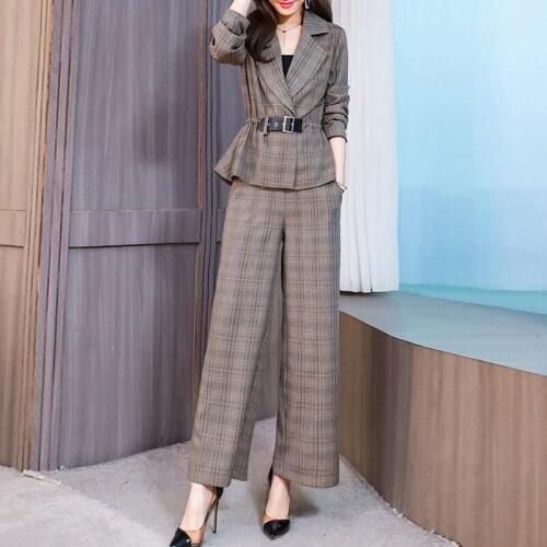 2021 New Women 2 Piece Set Suit Belt Plaid Blazer and Wide Leg Trousers Elegant High Fashion Chic Lady Woman Blazer Outfits