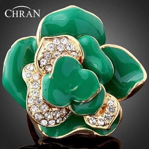 CHRAN Trend Enamel Flower Anniversary Rings for Ladies Wholesale Gold Color Crystal Finger Promised Rings Jewelry