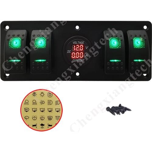 4 Gang 12V 24V On Off Green Led Rocker Switch Panel + Voltmeter & Current Display Socket for RV Marine Car Vehicles Truck Boat