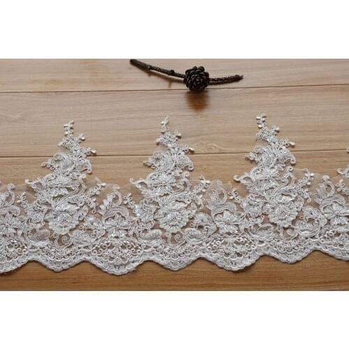 Ivory Alencon Lace Trim High Quality Hand Made Beaded Sequined Wedding Lace Trim Embroidered Retro Lace Bridal 10.6'' Wide 1yard