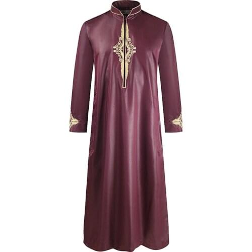 BianFeng Mens Embroidered Muslim Arab Thobe Thawb Caftan Jubba Thobe Muslim Fashion Long Sleeve Hipster Abaya with Pocket