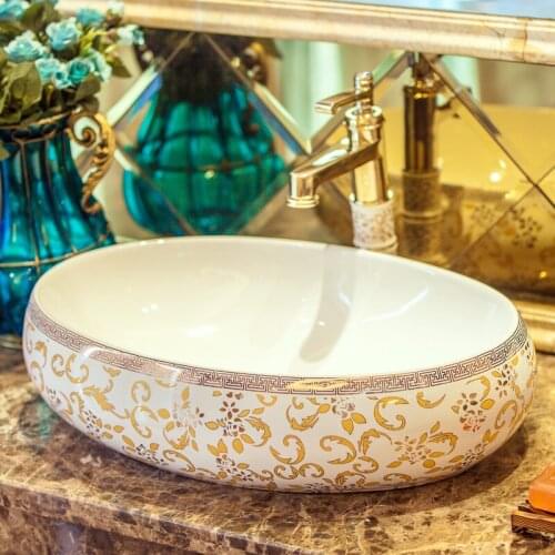 Europe style chinese wash basin vessel sinks Jingdezhen Art Counter Top ceramic basin sink sink painted oval