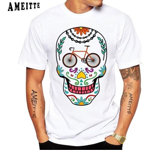 Mens Short Sleeve Bicycle Cycling Sugar Skull Road Bike Funny Humor Graphic Print T-Shirt Hip Hop Boy Casual Tops White Tees