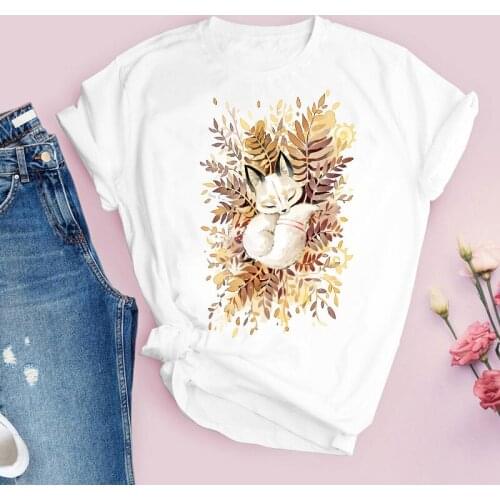 Women Graphic Short Sleeve Fox Cartoon Printing Fashion Cute Printed Tops Lady Tees Clothing Female T Shirt Womens T-Shirt