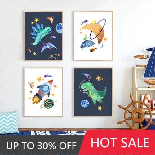Canvas painting dinosaur cartoon poster and outer space rocket kids wall art space canvas painting boy room home decoration fram