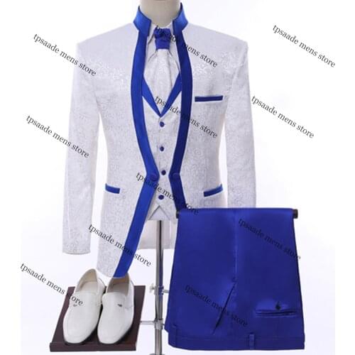 White Royal Blue Rim Stage Clothing For Men Suit Set Mens Wedding Suits Costume Groom Tuxedo Formal (Jacket+pants+vest+tie)