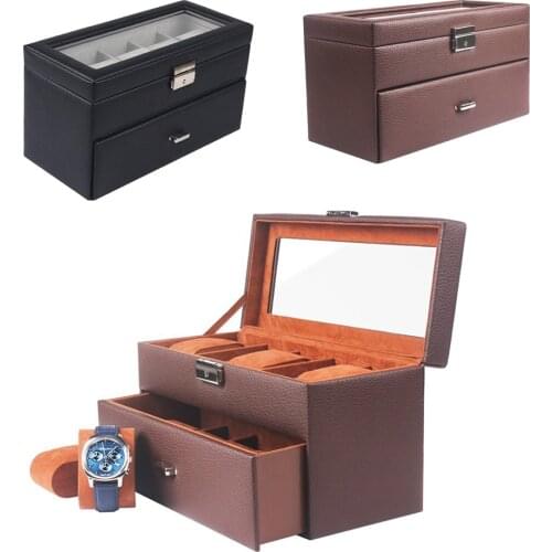 10 Slot Leather Watch Box Jewelry Display Drawer Watch Showcase with Lid