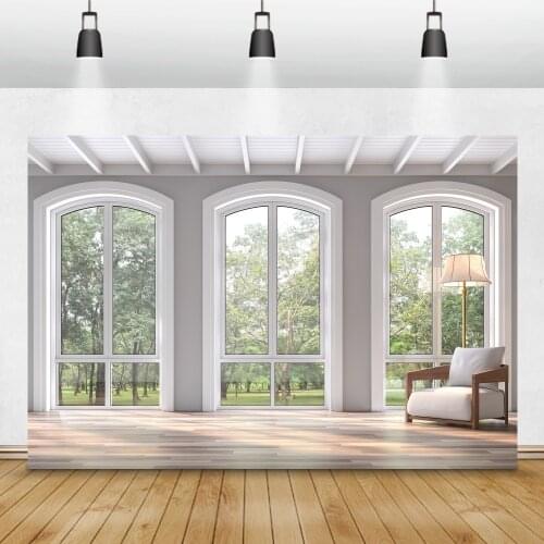 Laeacco Gray Living Room Chair Wooden Floor Lmap Window Ceiling Tree Interior Scene Background Photography Backdrop Photo Studio