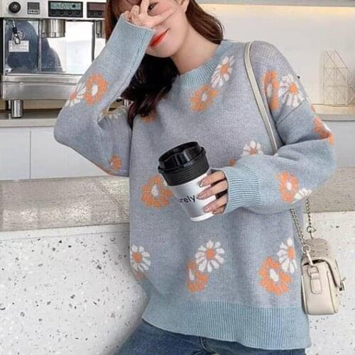 New Casual Women Autumn Winter Little Flower Print Knitted Sweater O-Neck Long Sleeve Loose Pullover Knitted Top Lazy Wind Women