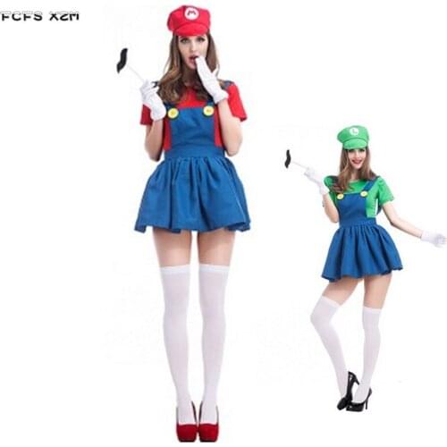 New M-XXL 2 Colors Woman Super Bro Cosplay Halloween Costume Female Role play Purim Christmas Carnival Masquerade party dress