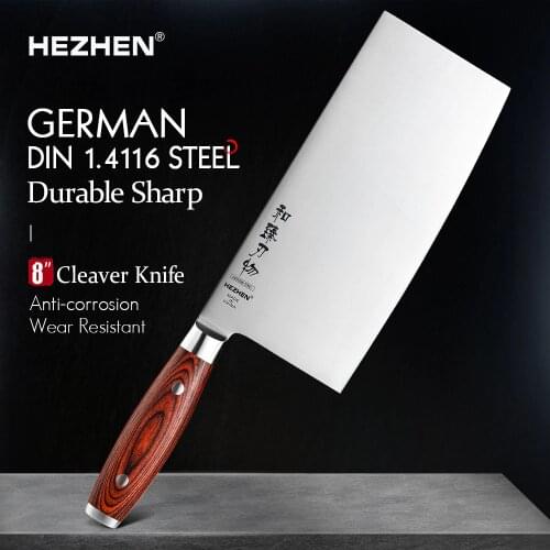 HEZHEN 8 Inches Cleaver Slice Knife German Molybdenum Vanadium Steel With Pakka Wood Handle & Stainless Steel Rivet Cook Knife