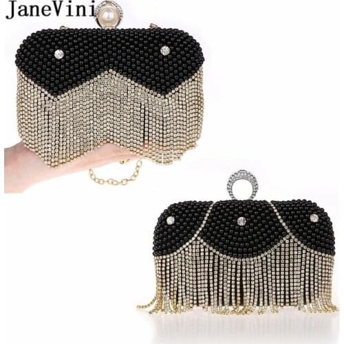 JaneVini Luxury Rhinestones Tassel Handbags Women Bags Designer Pearl Wedding Clutch Bag With Chain Party Bridal Ladies Handbags