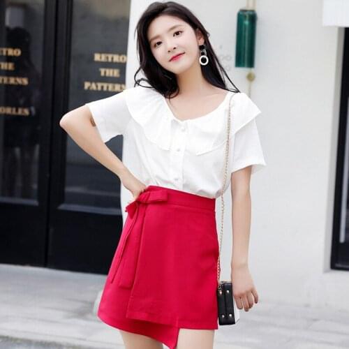 Chic White Chiffon Shirt Womens Short Sleeves Ruffled Summer Blouse Girl New Sweet Loose Temperament Casual Shirts Top H9176