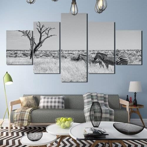 Modern Decorative Painting Black and White Animal Zebra Herd In The Grass Picture Hd Printing Nordic Home Decoration Living Room