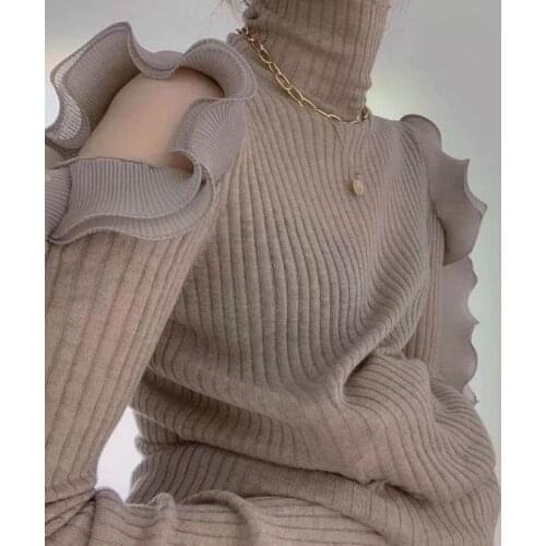 Slim Stretch Autumn Pullovers Solid White Long Sleeve Turtleneck Knitted Tops Off Shoulder Ruffled Jumpers Black Shirts Pull