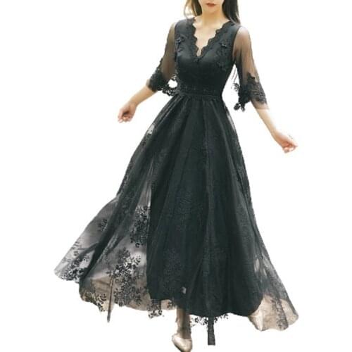 PERHAPS U Vintage Mesh Lace Pure V-Neck Embroidery Flare Sleeve Backless Fit And Flare Maxi Ankle Length Dress Holiday D3076