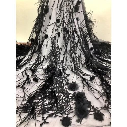 Top quality YG-470 african mesh lace fabric embroidered tulle lace with feather and 3d flowers for fashion dress
