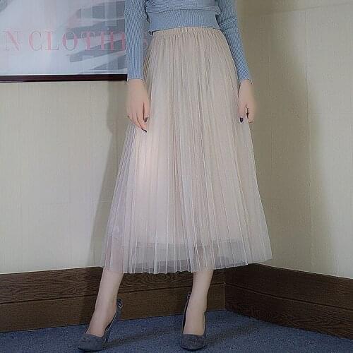 4 Colors Mesh Skirt Women All Match Casual Fairy Elastic Waist Bottom Faldas A-Linen Mid-Calf Solid Color Midi Tulle Skirts