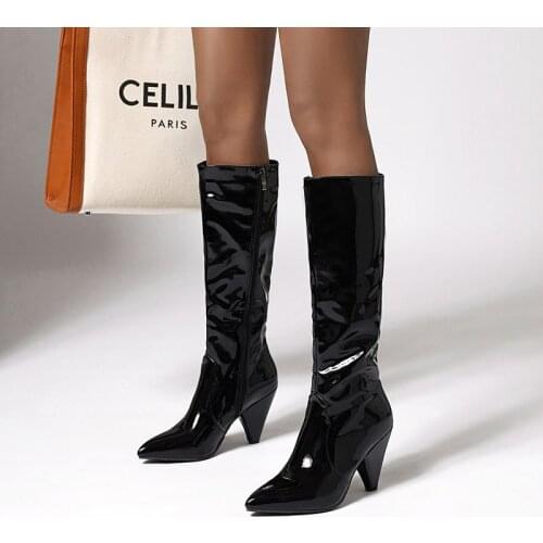 2020 Fashion Knee High Boots Women Boots Pu Leather Spike Heels Long Boots Pointed Toe Zipper Autumn Winter Ladies Shoes