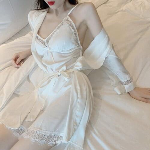 Elegant White Bride Wedding Robe Set Sexy Satin Ice Silk Kimono Gown V-neck Lace Sleepwear 2PCS Half Sleeve Waistband Nightwear