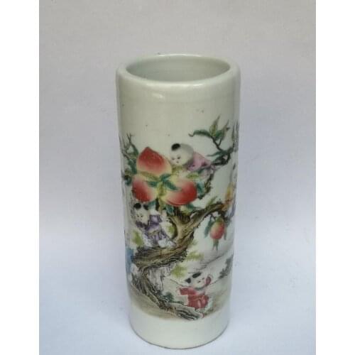 YIZHU CULTUER ART Collection Old China Famille rose Porcelain Painting Peach Boy Brush pot Decoration Gift