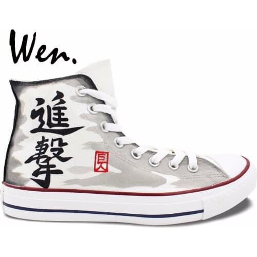 Wen Anime Hand Painted Shoes Anime Design Custom Attack on Titan Men Womens High Top Grey Canvas Sneakers