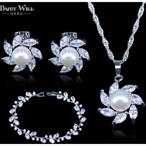 Snowflake White Crystal Silver Color Earrings Necklace Jewelry Set AAAA Freshwater Pearl Jewelry Wedding Party New Women
