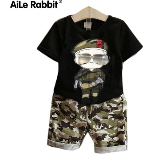 AiLe Rabbit novelty Children Boy Clothes Sets Kids 2pcs Short Sleeves T-Shirt Toddler Suits Camouflage Shorts Clothing Suits