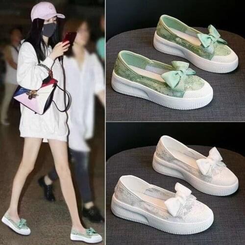 Women Shoes 2021 Fashion Summer Casual White Lace Canvas Hollow Breathable Platform Flat Shoes Ladies Anti-slip Bowknot Sneakers