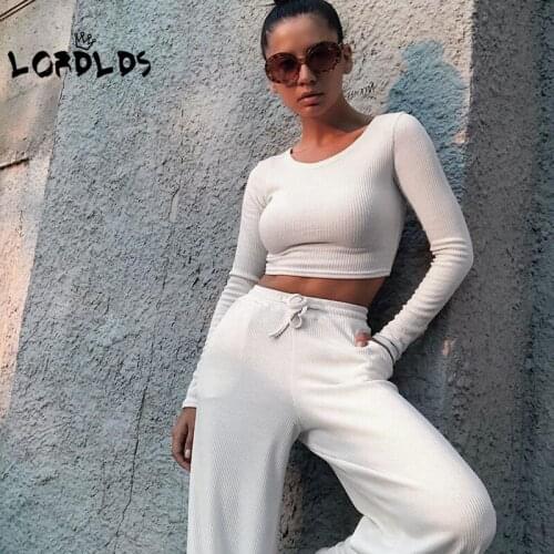 LORDLDS Women White Knit Two Pieces Sets Elegant Lounge Wear Autumn Solid Fashion Long Sleeve Crop Top Wide Leg Pants Matching
